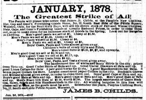 Local newspaper ad for James B. Childs clothing store from 1878.