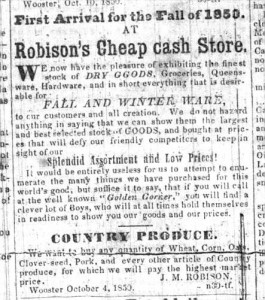 Robison Cash Store ad that ran in the Wayne County Democrat newspaper dated Oct. 16, 1850 p.3