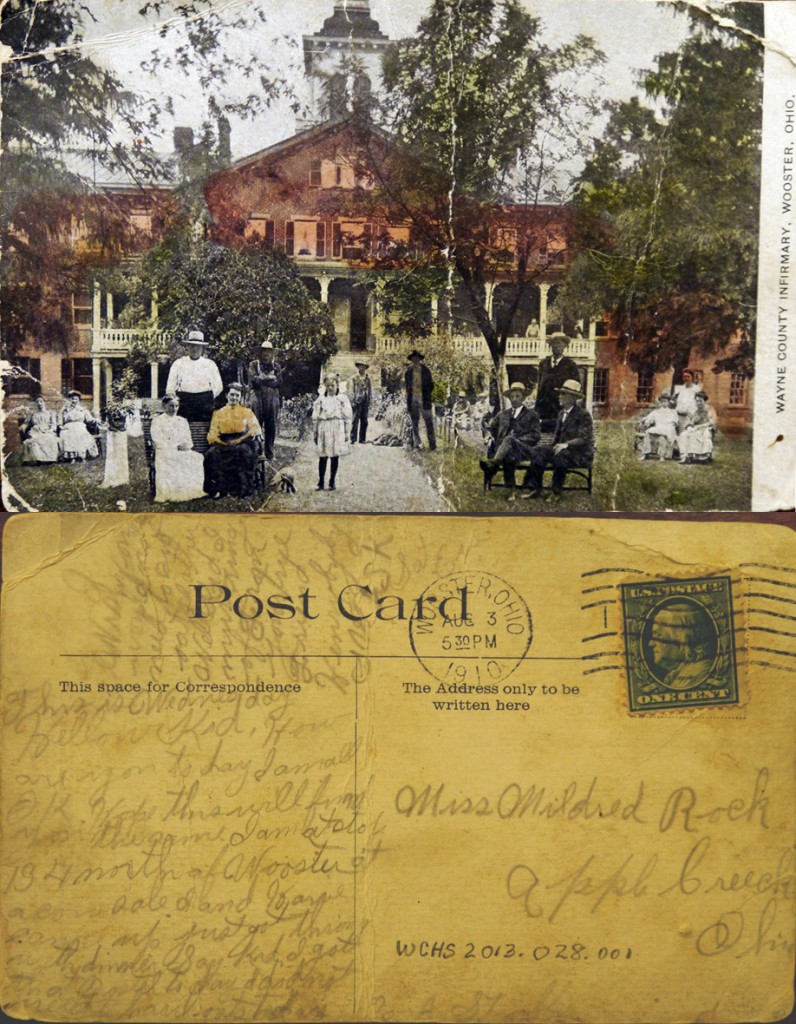 The front and back of a 1910 postcard showing the Wayne County Infirmary.