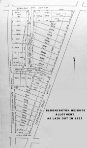 Plat map of the Bloomington Heights allotment consisting of land situated west of Cleveland Rd. and east of the right of way of the C&SW Railroad, north of Ihrig Ave. and south of Highland Ave. Click image to enlarge.