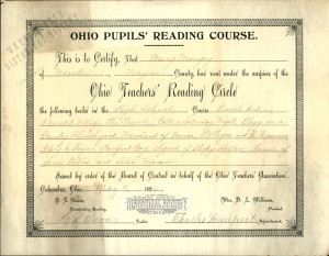 Mary Mougey completed the Ohio Pupils' Reading Course for the 1895-1896 school year and received this certificate from the Ohio Teachers' Reading Circle for completing all the publications listed on the certificate.